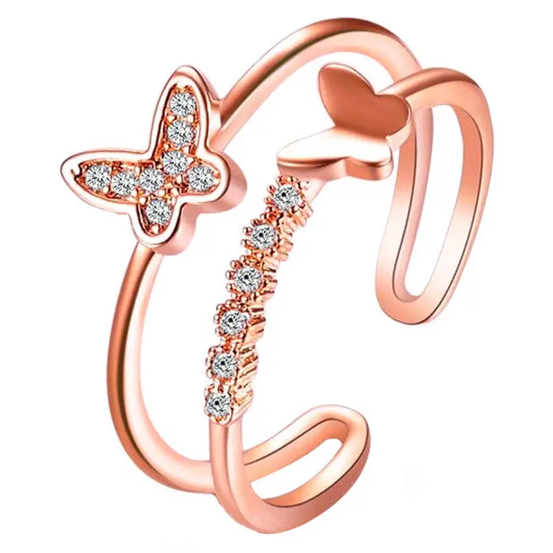Anel R-0204 de borboleta dupla, anel de ouro rosa e noivado, anel de diamante, anéis ajustáveis para abertura feminina, 2020