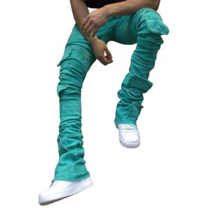 Jean cargo homme coupe slim évasée sur mesure, taille mi-haute, bords effilochés, effet usé, style empilé, vente en gros - Product Image 4