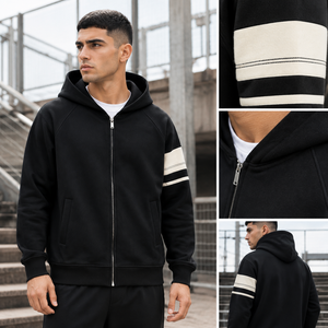 Fabricante de sudaderas con capucha personalizadas para hombre, <span class=keywords><strong>sudadera</strong></span> con capucha negra con mangas raglán y franjas en contraste en las mangas, venta al por mayor - Product Image 2