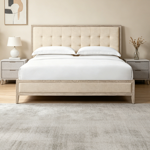 Lit en bois moderne avec tête de lit capitonnée à la main, style français contemporain, avec panneaux en bois et capitonnage en tissu, pour les détaillants de meubles - Product Image 3