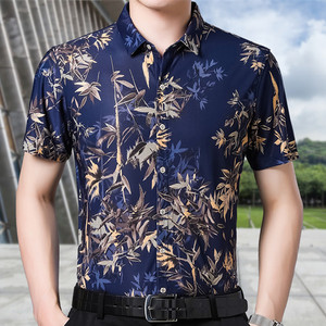 Camicia estiva a fiori a maniche corte nuova camicia da uomo in seta di ghiaccio con stampa floreale camicia da uomo senza stiratura a mezza <span class=keywords><strong>manica</strong></span> Casual - Product Image 3