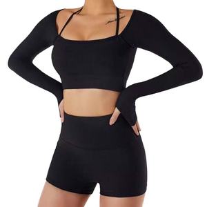Ensemble de yoga 2 pièces pour femmes, manches longues, de haute qualité, style nouveau, tenue de sport pour la salle de sport, short de sport, ensemble de yoga pour femmes - Product Image 4