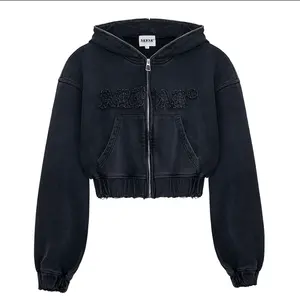 Cropped Jackets For Women Heavyweight Cotton Full Zip Up Hoodies Acid Wash Tops Customized Logo Female Retro Jackets