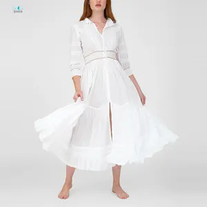 Özel yüksek kaliteli yaz rahat elbise uzun beyaz Maxi bayanlar pamuk zarif elbiseler