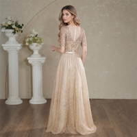 Robe de soirée longue couleur or champagne, col en V, coupe trapèze, ornée de perles et de sequins, à manches courtes, broderie florale, sur mesure, vente en gros