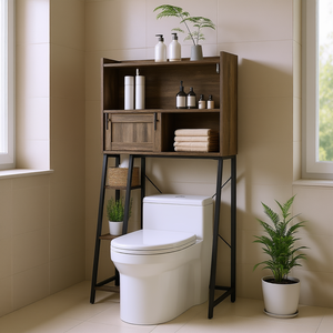 Meuble de rangement sur les toilettes en bois brun à 4 niveaux, organisateur de salle de bain autoportant - Product Image 2