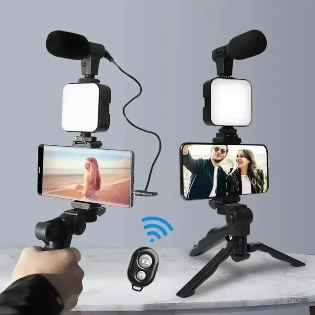 Smartphone Vlogging Kit With Tripod Phone Holder Mini Microphone LED Fill Light Starter for TikTok Live Stream Video YouTube