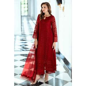 Élégant ensemble 3 pièces en tissu lawn rouge cramoisi brodé avec manches en dentelle et dupatta - Product Image 1
