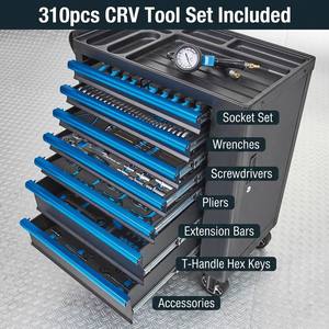 Armoire à outils en acier bleu robuste de 30 pouces avec 7 tiroirs verrouillables, ensemble d'outils CRV de 310 pièces, capacité de 540 kg, rangement pour <span class=keywords><strong>garage</strong></span> et atelier, OEM ODM - Product Image 2