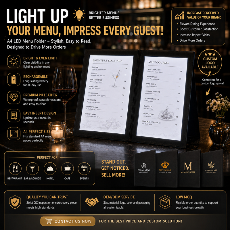 LED Light Menu Folder, Rechargeable Luminous Menu Book for Cafe Hotel ...