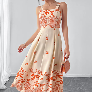 Robe longue éco-responsable rétro à motif floral pour femme, coupe trapèze, taille naturelle, avec détail noué à la taille, idéale pour les vacances - Product Image 4