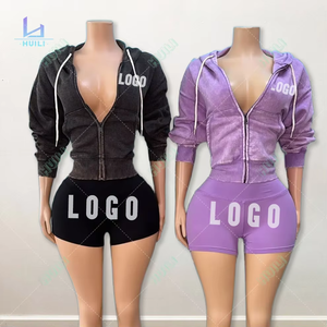 Ensemble de vêtements de sport pour femmes, sweat à capuche et short en coton French Terry à fermeture éclair, logo personnalisé - Product Image 2