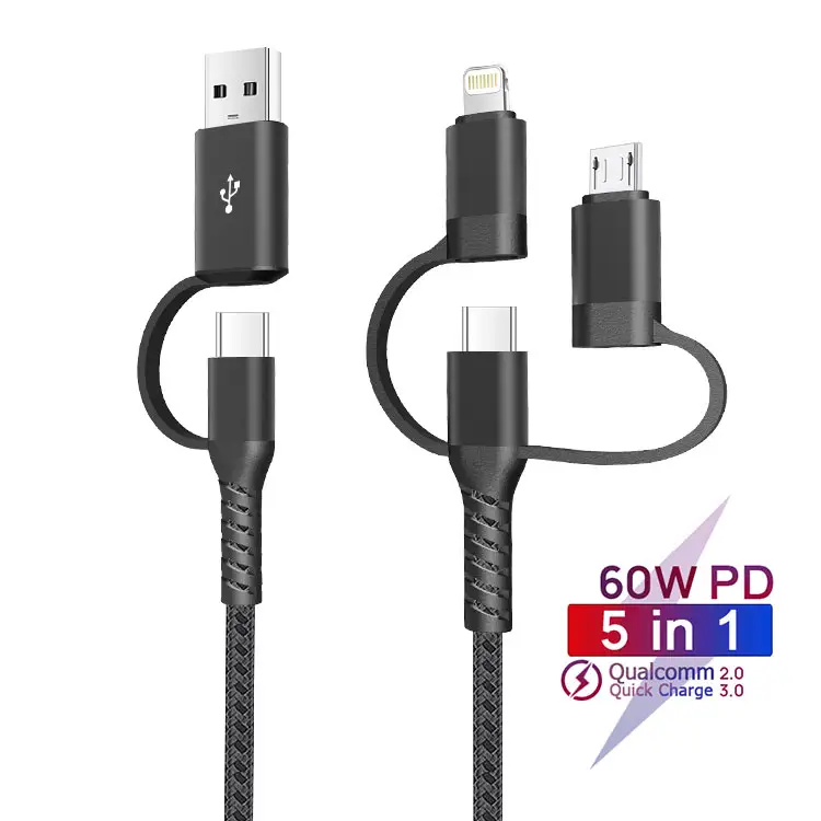 2022 Newest Factory OEM PD 65W 3A 5A Multi Cable 5 in 1 Charging USB Cable 3 in 1 USB C To Type C Lighting Micro Data Cable