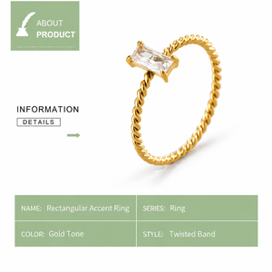 Bague torsadée dorée avec accent central rectangulaire transparent, style solitaire délicat - Product Image 2
