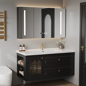 New bathroom cabinet ceramic integrated basin French retro <b>oak</b> smart mirror cabinet hanging cabinet - Product Image 6