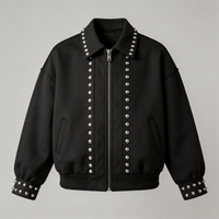 Blouson Noir Personnalisé à Clous, Vente en Gros B2B, Unisexe, Coupe Oversize, Zippé, Rivets Métalliques, Style Punk Streetwear, Veste Bomber Décontractée, OEM ODM