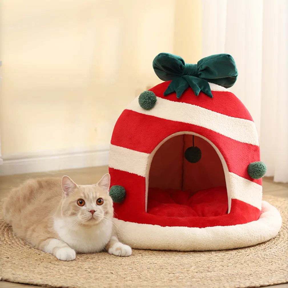 Christmas Anti-slip Beds for Indoor Pets Bell-Shaped Cat Cave Puppy Bed with Mat Pad Super Soft Calming Pet Sofa