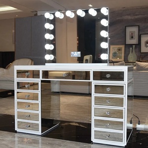 Mirrored Crushed Diamond <strong>Vanity</strong> with <strong>Hollywood</strong> LED Mirror, 13 Drawers Dressing Table for Bedroom Makeup Storage - Product Image 6