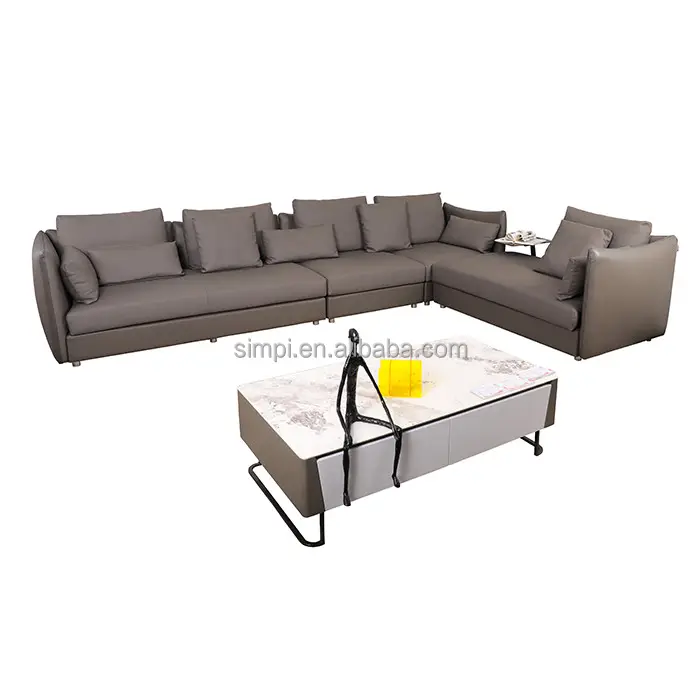 Top Quality Modern Modular Corner Combinação Sofá Set Khaki Cor Napa Sofás De Couro para Sala De Estar