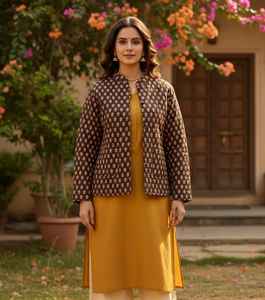 Veste matelassée en coton pour femme, motif floral, bleu ciel d'automne, manches longues en coton, réversible, imprimé double - Product Image 4