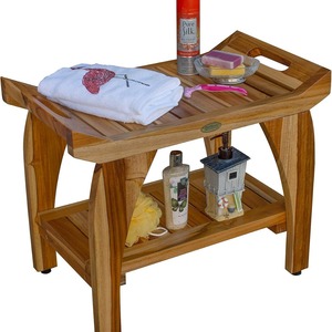 Tabouret de salle de bain en bambou HC 35,6x61x49,5 cm avec étagère de rangement, siège de douche, couleur bois naturel - Product Image 1