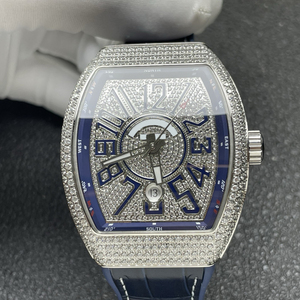 Montre mécanique automatique de luxe pour homme, sertie de moissanite, en forme de tonneau, bracelet en cuir bleu, série V45, haut de gamme, haute qualité - Product Image 3