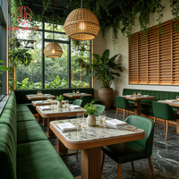 Ensemble de sièges en velours vert foncé modernes et droits, avec chaise en cuir, structure en bois, table en marbre, mobilier pour salle à manger, hôtel, restaurant