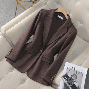 Women's Wool Blazer Light Gray Solid Color Anti-Wrinkle Casual Elegant Autumn Winter Suit Jacket Petite Fit - Product Image 2