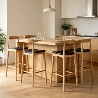 Silla de Bar Moderna de Mediados de Siglo, de Madera de Caucho, Asiento Tapizado Negro, Respaldo Tipo Bullhorn, Patas Cónicas, Proveedor Mayorista de Muebles para Hoteles
