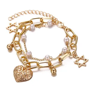 New Trendy Vintage Silver Gold Jewelry Gift Double Layer Chain Pearl Cameo Heart Drop Women Bracelet