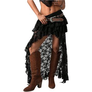 Jupe longue bohème en dentelle florale pour femme FOXA, taille basse, volants, maille transparente, style cowgirl, idéale pour les vacances - Product Image 1