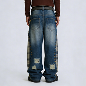 Pantalones <span class=keywords><strong>vaqueros</strong></span> de mezclilla <span class=keywords><strong>para</strong></span> <span class=keywords><strong>hombre</strong></span> al por mayor, <span class=keywords><strong>con</strong></span> patchwork, paneles a cuadros, bordados, remaches, lavado a la piedra, pierna recta, estilo Y2K, directo de fábrica - Product Image 3