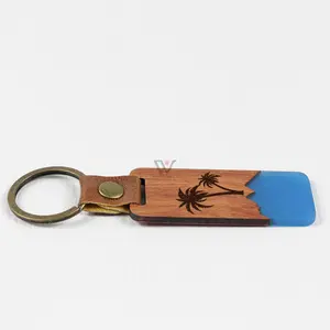 Resin Epoxy Wood Floating Keychain Engraving Logo Wooden Car Key Chain Pendant Promotional Keyring Gifts