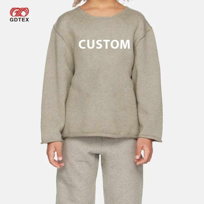 GDTEX Custom Beige Rib Knit Kid Sudadera ropa para niños suéter con dobladillo enrollado para niños niñas Ropa para niños sudadera para niños pequeños