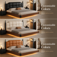 Lit plateforme flottant king-size moderne, capitonné et rembourré, avec bande lumineuse LED chaude, cadre en bois massif, cuir de luxe