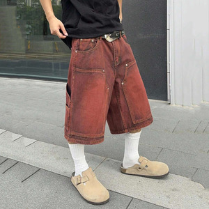 <span class=keywords><strong>Bermuda</strong></span> Baggy Homme en Denim Rouge Rétro Lavé, 100% Coton Peigné de Haute Qualité, Respirant, Brodé, Taille Haute, Braguette Zippée - Product Image 3