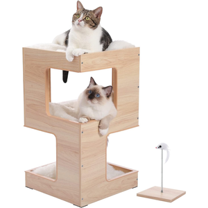 Mini lit pour chat en bois à motif grain de bois, griffoir, maisonnette pour chat, abri bas, meuble compact, <span class=keywords><strong>tour</strong></span> d'activités pour chat d'intérieur - Product Image 1