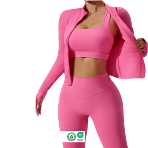 Conjunto Deportivo de 3 Piezas para Mujer, Diseño a Cuadros, Secado Rápido, Cintura Alta Elástica, Chaqueta con Cierre Frontal - Product Image 1