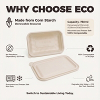 Boîte à emporter écologique compostable en amidon de maïs 750 ml, micro-ondable, anti-fuite, avec couvercle, résistante à la graisse, de qualité alimentaire