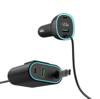 Chargeur de voiture rapide multi-ports PD65W avec 5 ports, câble Type-C rétractable intégré, affichage de la tension 12-24V, station de charge de voiture à clipser