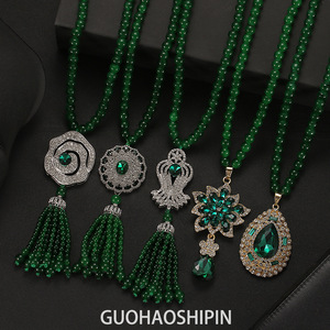 Chinese Style Green Jade Tassel Necklace With Emerald Pendant Fashion Beaded Jewelry For Autumn Winter Wear - Product Image 5