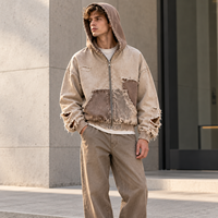 Sweat-shirt à capuche zippé intégral pour homme, personnalisé, délavé, vieilli, patchwork, avec étiquette tissée, pour marque streetwear, vente en gros de vêtements