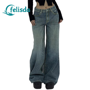 Jeans pour femmes taille haute vintage coréen, mode Y2K, coupe slim rétro, ample, pattes d'éléphant, noir, gris, pantalon en denim baggy - Product Image 1