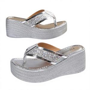 Sandales de plage et de fête imperméables à plateforme <span class=keywords><strong>compensée</strong></span>, avec <span class=keywords><strong>strass</strong></span> étincelants et paillettes argentées, respirantes, incontournables pour l'été - Product Image 6