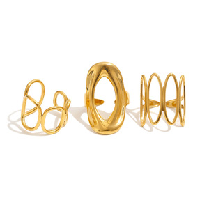 Ensemble de bagues ovales ajourées en acier inoxydable plaqué or 18 carats PVD, design à ligne ouverte, pour femme, unique, tendance, élégant, chic, pour le quotidien - Product Image 6