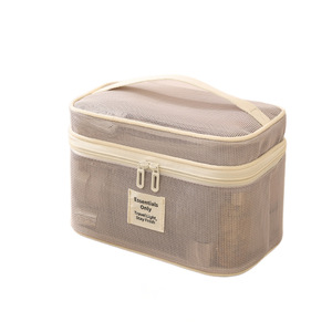 Large Capacity Mesh Cosmetic <b>Bag</b> With Compartmentalized Design For Travel Makeup Storage Off White Rectangle Toiletry <b>Bag</b> - Product Image 5