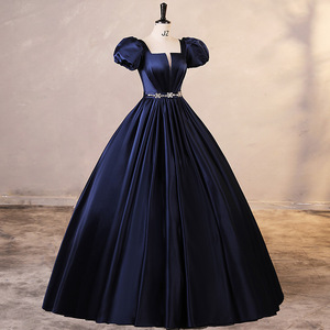 Navy Blue Puff Sleeve Ball Gown Satin Dress Square Collar Natural Waistline Women's Career Dress - Product Image 2