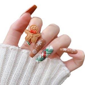 Vente en gros de 10 pièces de <span class=keywords><strong>faux</strong></span> ongles en acrylique faits à la main de qualité supérieure en forme de bonhomme en pain d'épices 3D, longs et en forme de cercueil, à presser pour Noël - Product Image 5