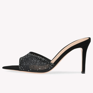 Sandales à talons hauts pour femmes, en maille ornée de strass, à bout pointu, style mules, vente en gros, personnalisation OEM - Product Image 5
