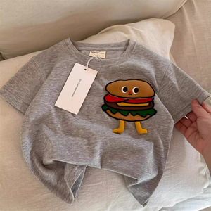 Children's Short Sleeve T-Shirt Off White Gray 3D Fries Burger Cartoon Print Cotton Knitted Summer Wear For Toddlers - Product Image 2